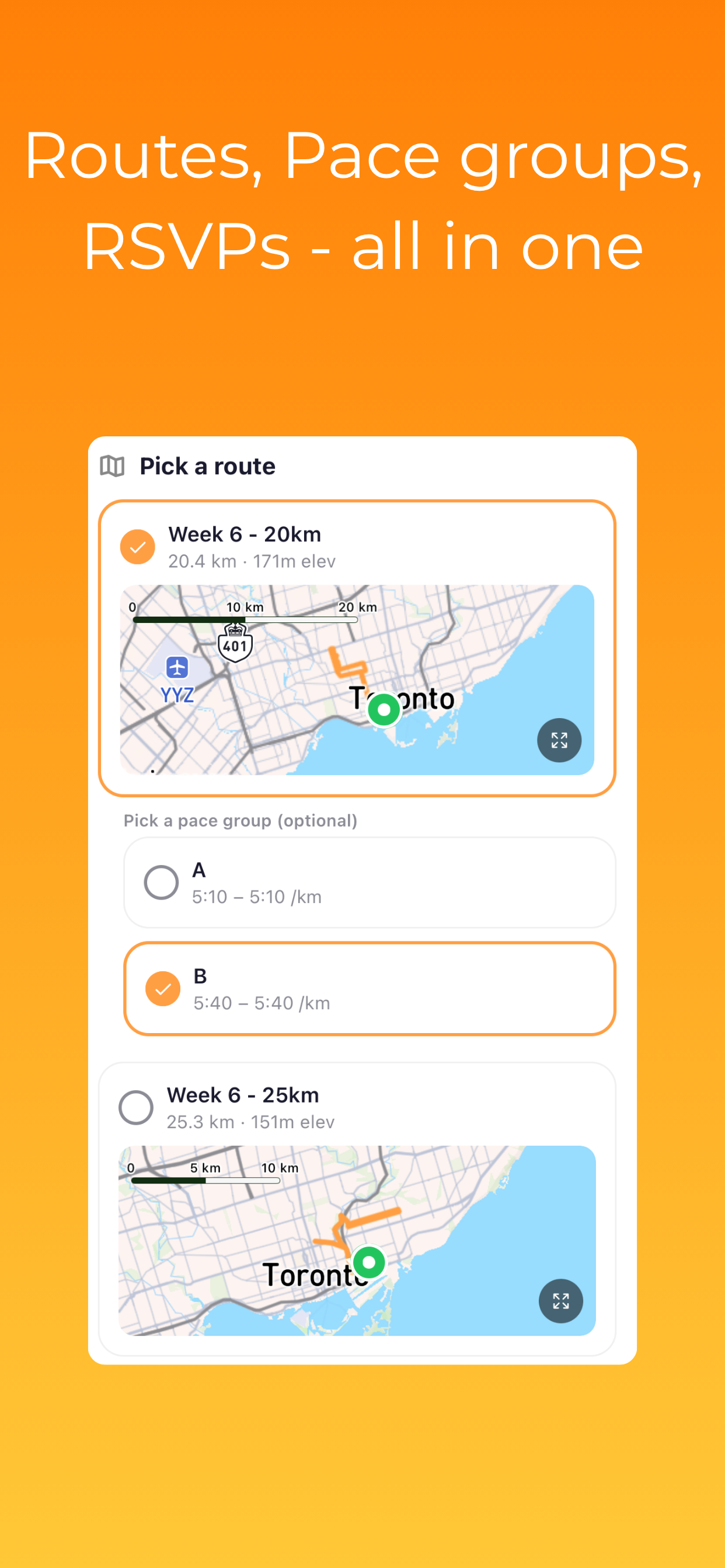 Routes, pace groups, and RSVPs
